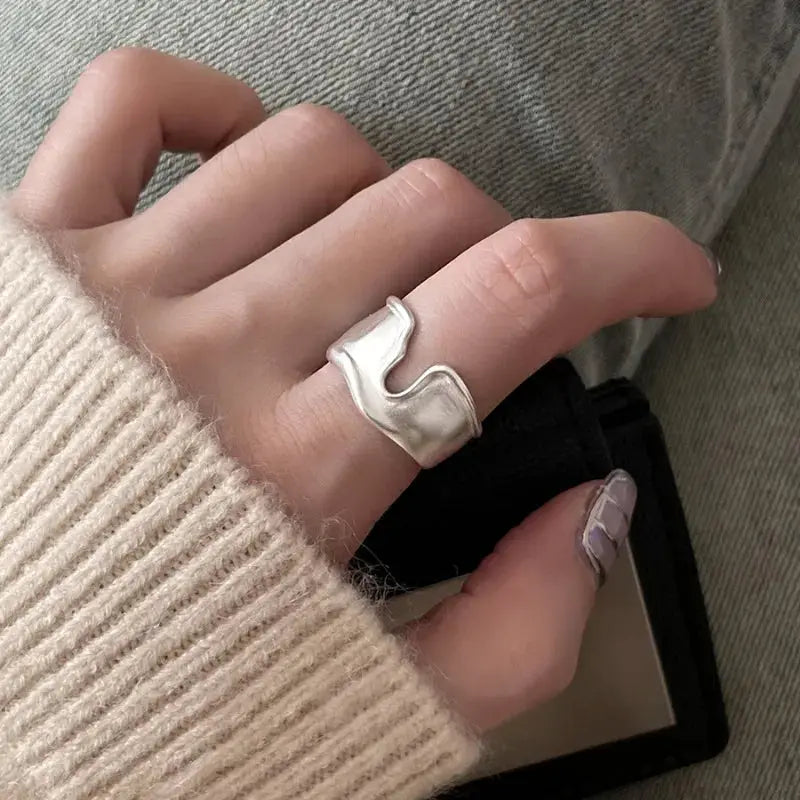 Ventfille 925 Sterling Silver Rings Fashion Hip Hop Vintage Couples Hollow Lines Punk Silver Party Adjustable Jewelry