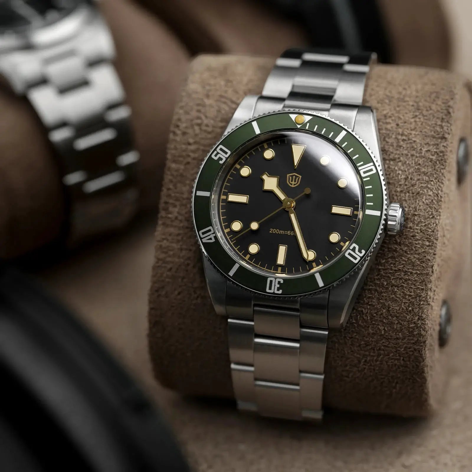 Watchdives WD7922 BB54 diver watch with green bezel, black dial, gold markers, stainless steel bracelet