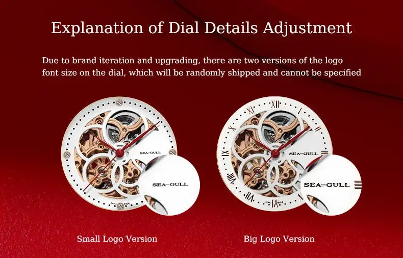 Sea-Gull skeleton watch dials infographic showing small and big logo versions on white dial with exposed gears
