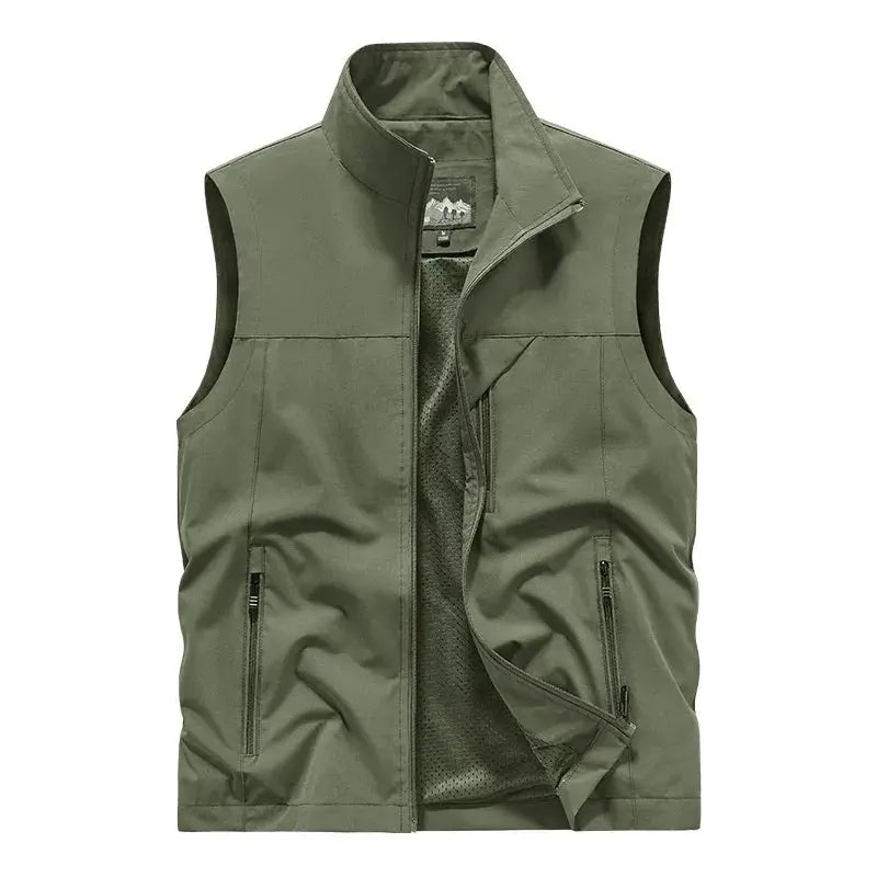 Men's olive green windproof waterproof sleeveless vest by Simples Market with front zip pockets and mesh lining