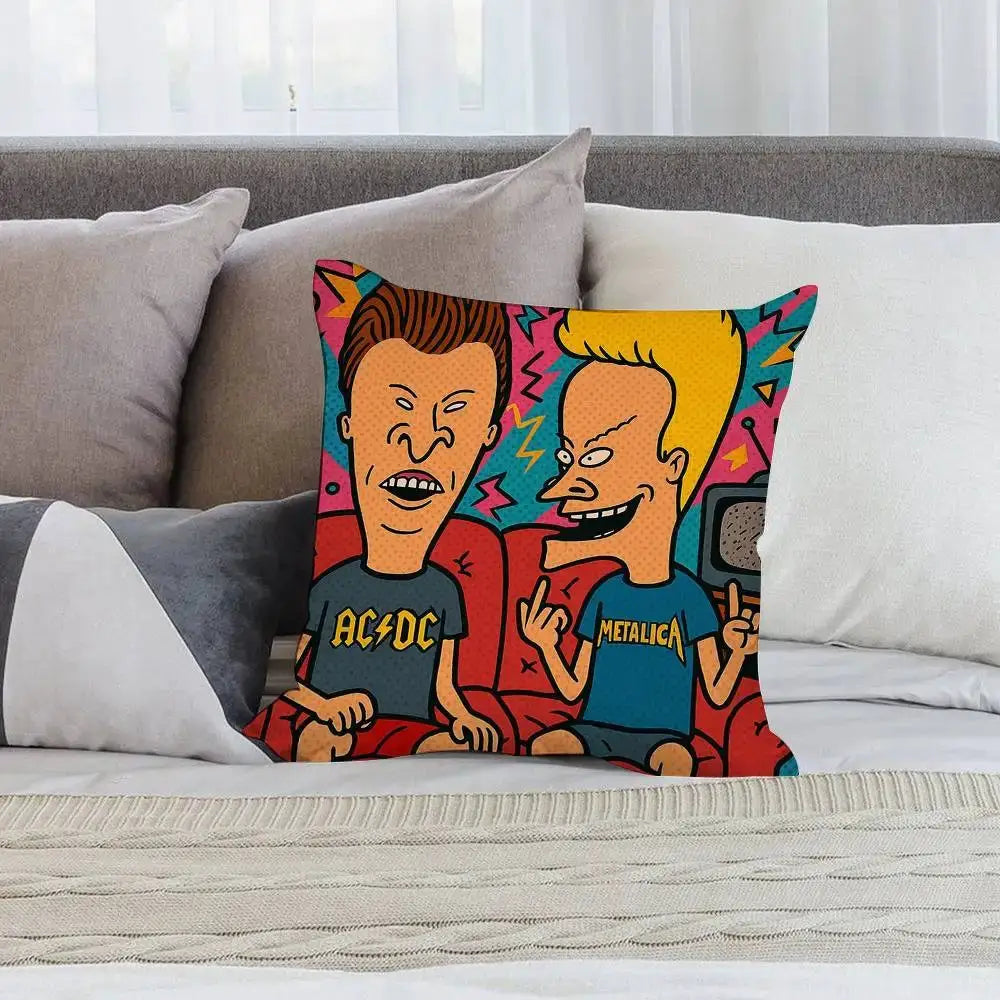 Funny Beavis and Butt-Head pillow cover, square short plush throw pillow with double-sided print; colorful design.