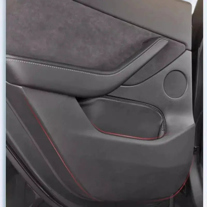 Car door anti-kick pad for Tesla Model Y Juniper leather trim kit with red stitching by Simples Market