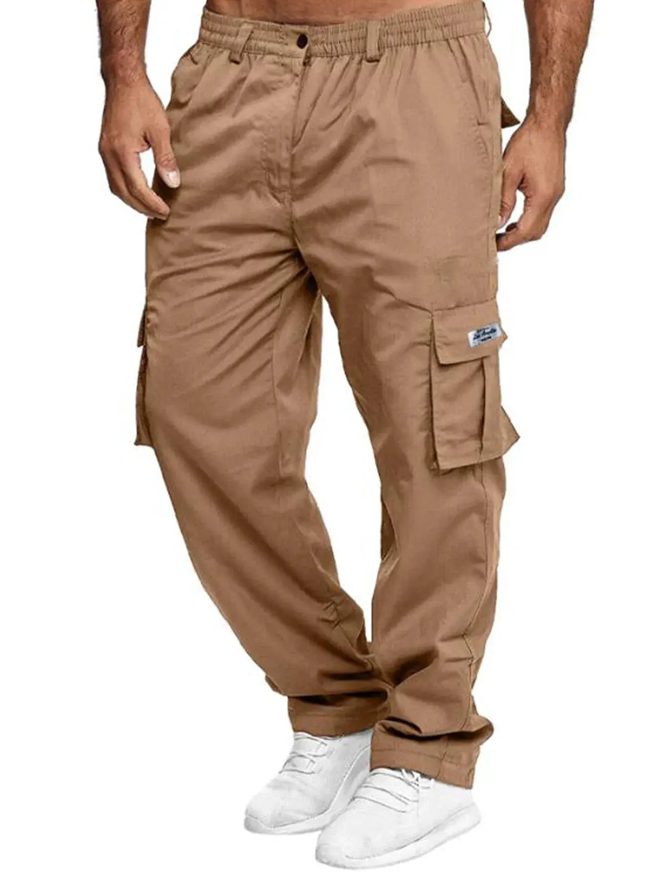 Men's cargo pants, Simples Market khaki loose-fit outdoor workwear with multiple cargo pockets.