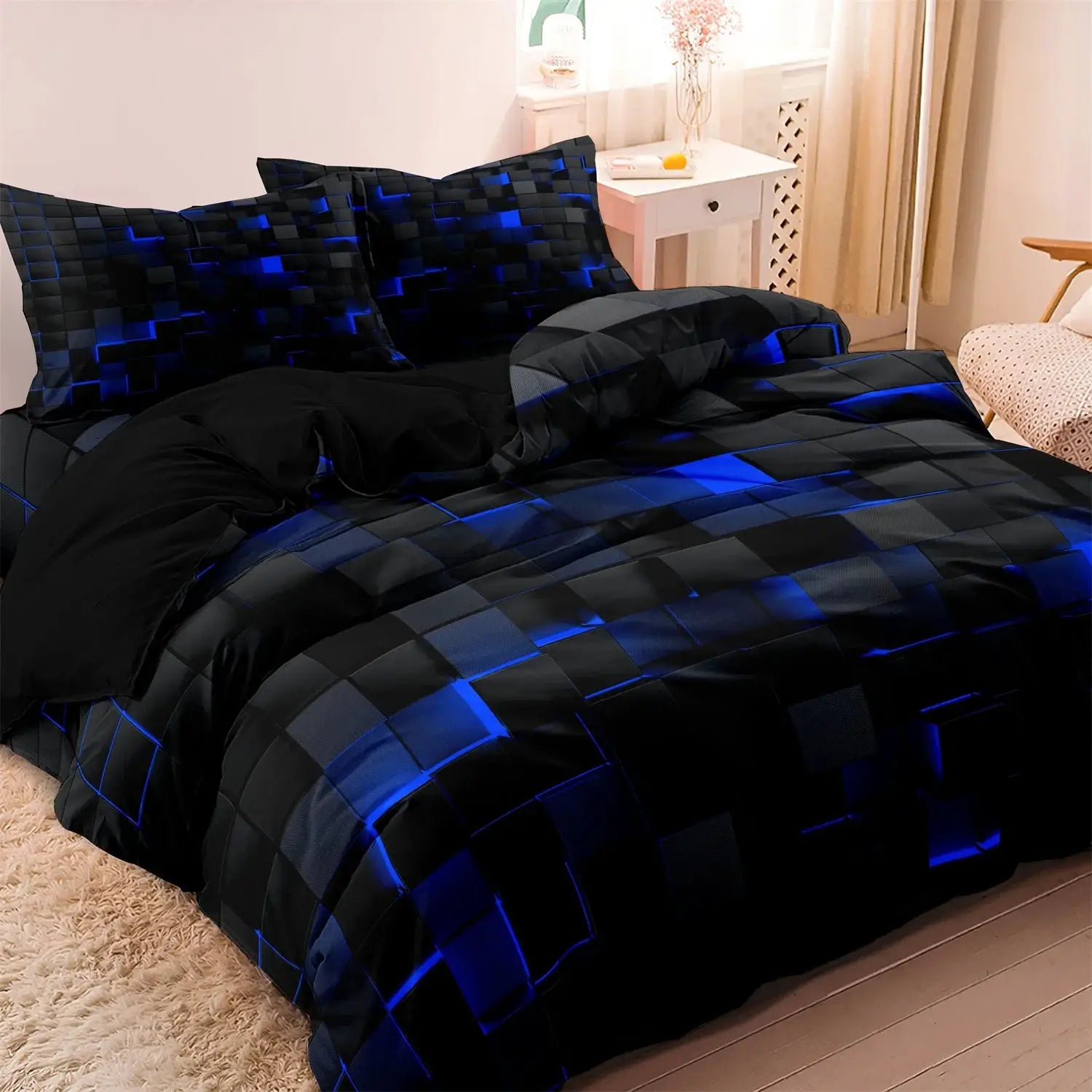 Simples Market 3-piece blue and black geometric plaid duvet cover set with 1 duvet cover and 2 pillowcases