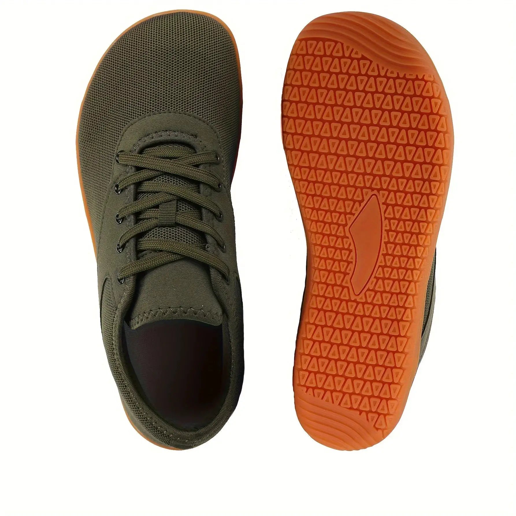 Trail running shoes pair, olive green mesh uppers with laces, orange outsole with triangular tread