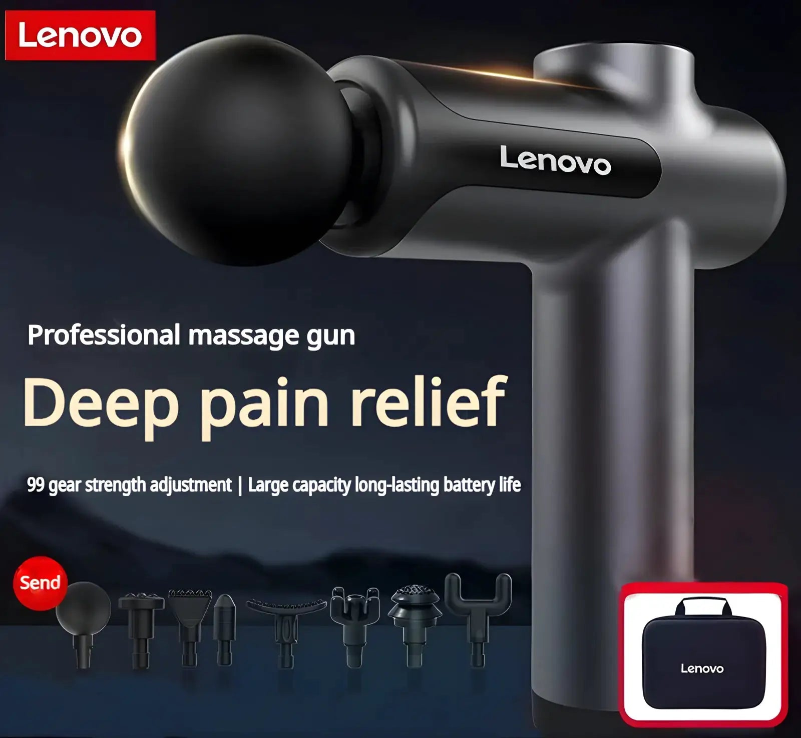 Lenovo professional massage gun in gray-black with multiple heads and red-bordered carrying case