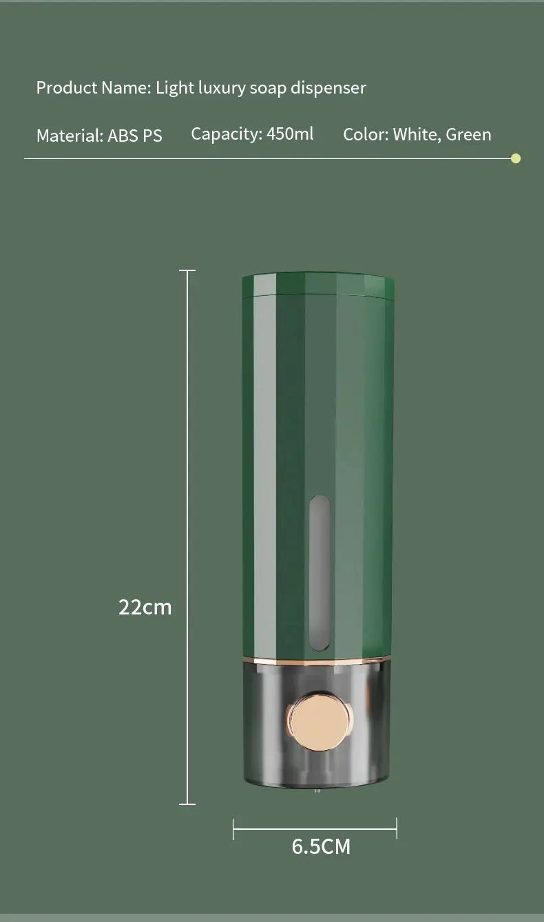 Manual wall-mounted soap dispenser in green and white, 450ml capacity.