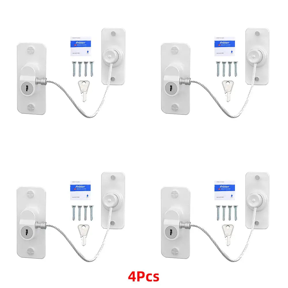 4-piece white child safety window lock set with steel cable and key