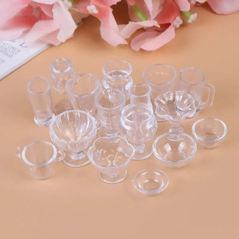Seventeen Piece Transparent Dollhouse Kitchenware Set For DIY Pretend Play Miniature Cups Plates Dishes Bowls