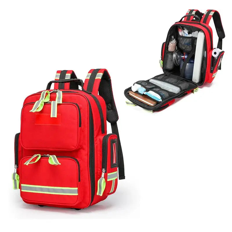 Emergency Rescue First Aid Backpack packed with essentials for outdoor adventures and emergencies, featuring organized compartments.