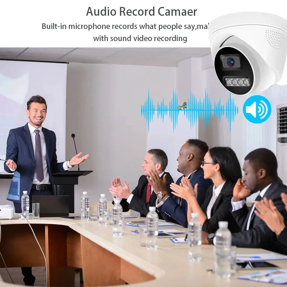 Surveillance dome camera, white with built-in audio for security systems.