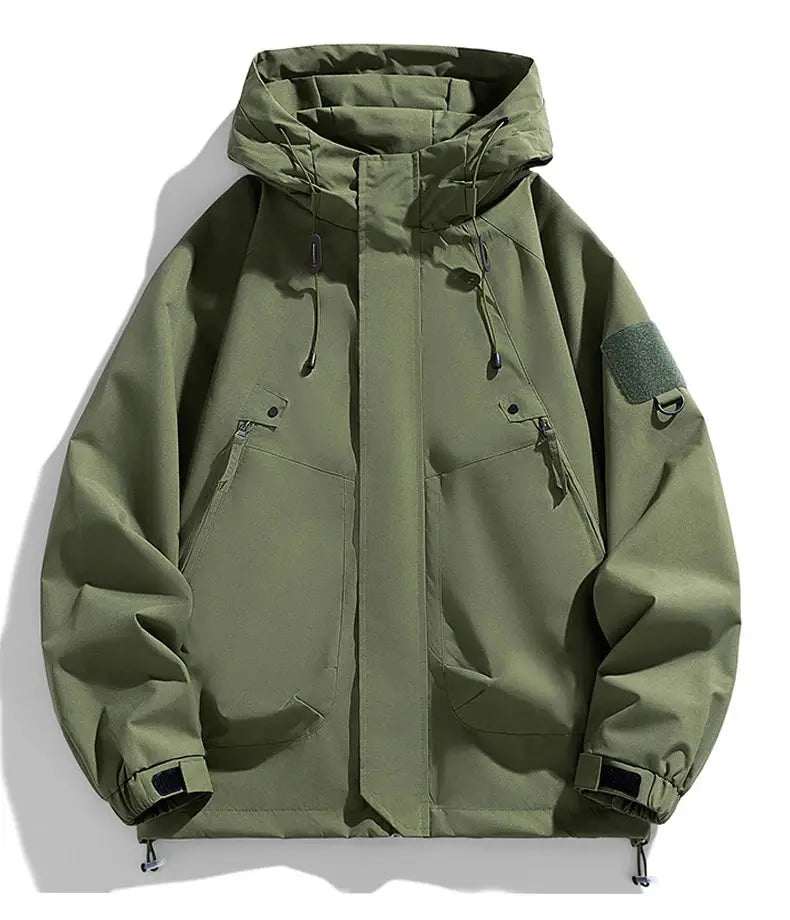 Windbreaker jacket for men, olive green softshell with hood, zipper, cargo pockets and adjustable cuffs
