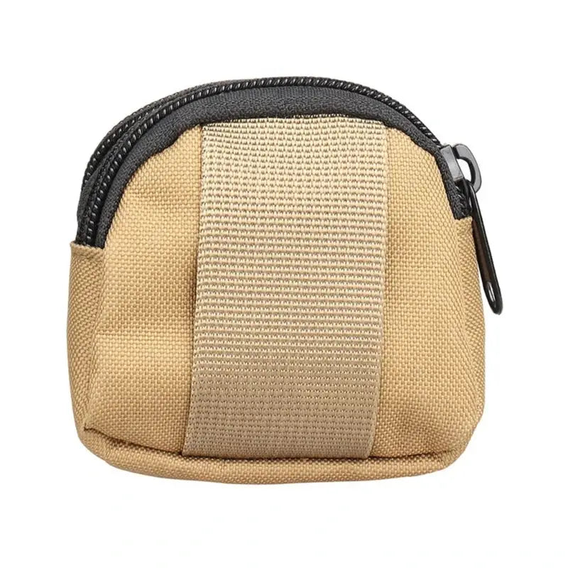 Tan nylon double-zipper coin purse pouch with front strap, lightweight tactical Molle pocket