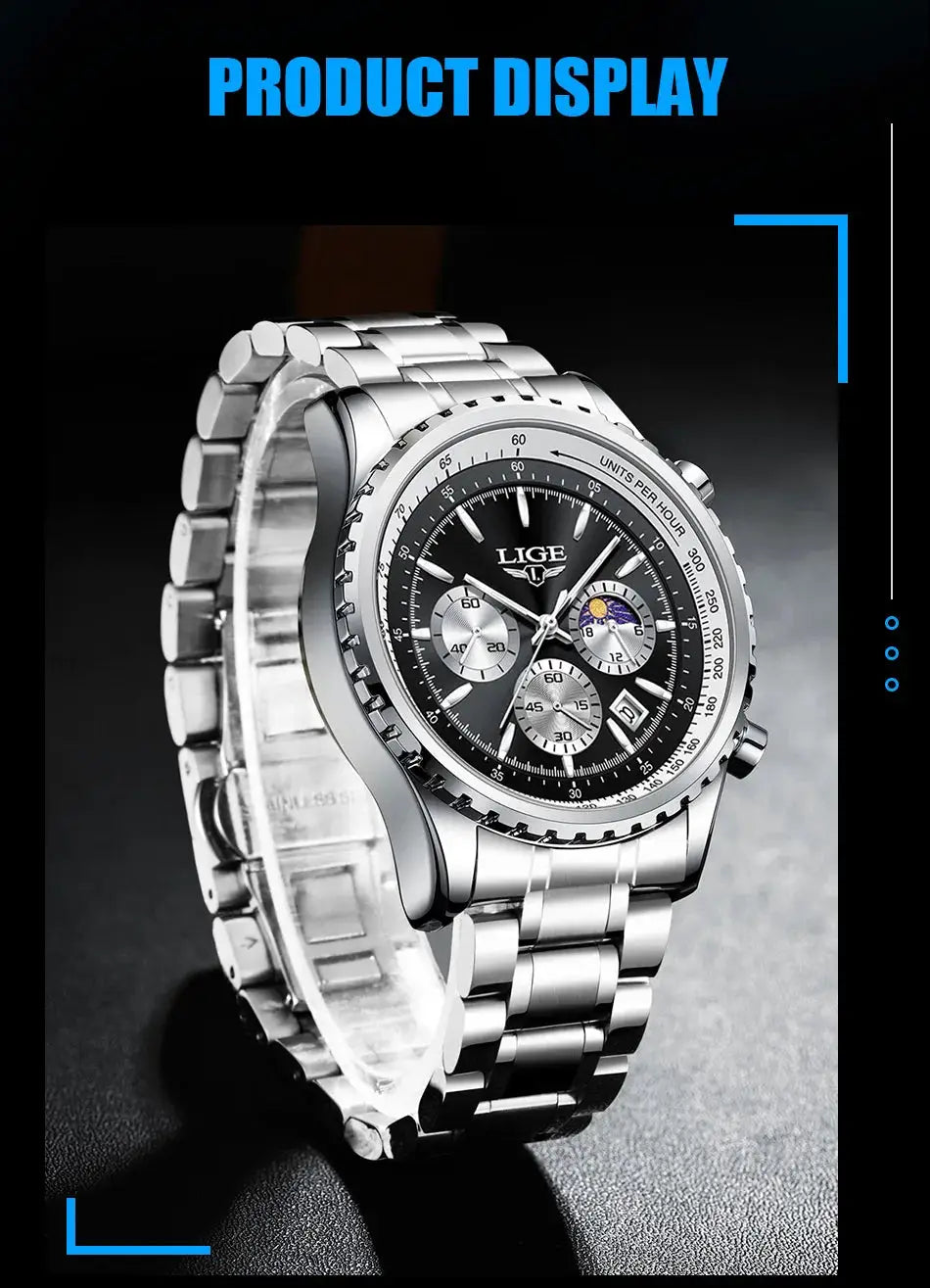 LIGE men's luxury stainless steel chronograph watch with black dial and date window