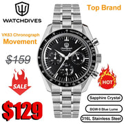 Watchdives VK63 chronograph stainless steel men’s wristwatch with black dial and sapphire crystal.
