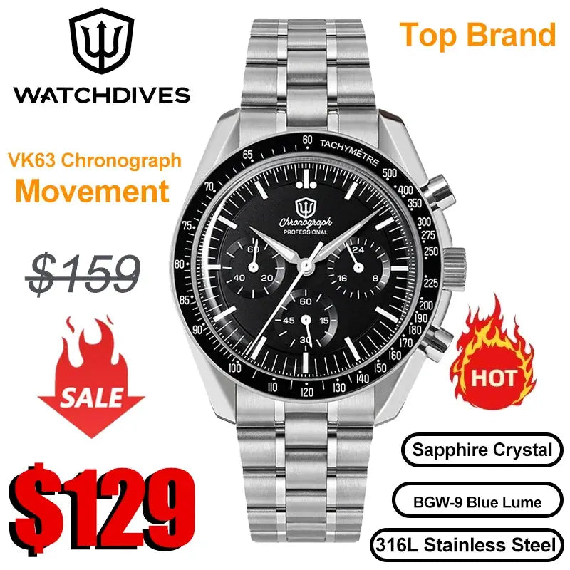 Watchdives VK63 chronograph stainless steel men’s wristwatch with black dial and sapphire crystal.