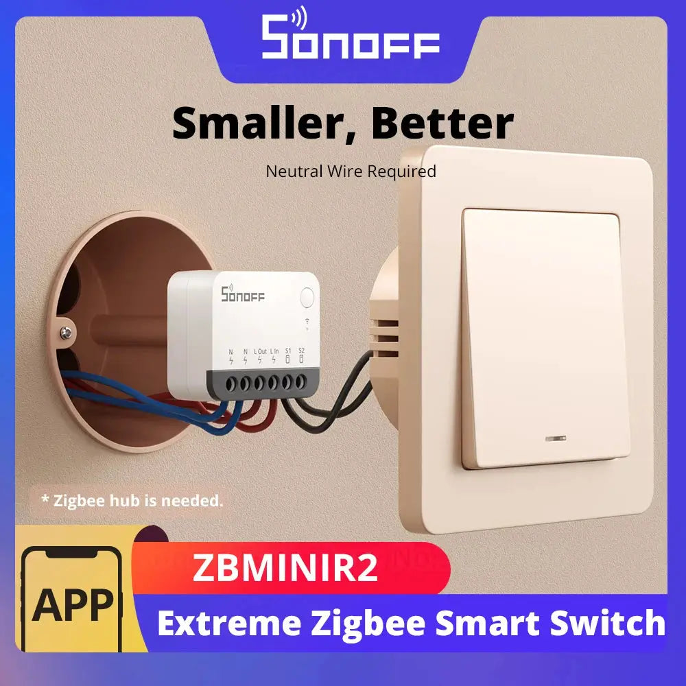 SONOFF ZBMINIR2 Extreme Zigbee Smart Switch module in white with wall wiring