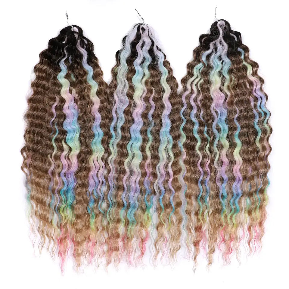 Ariel hair extensions: synthetic twist crochet curls, 24-inch, blonde-brown ombre with pastel rainbow waves; 3 packs