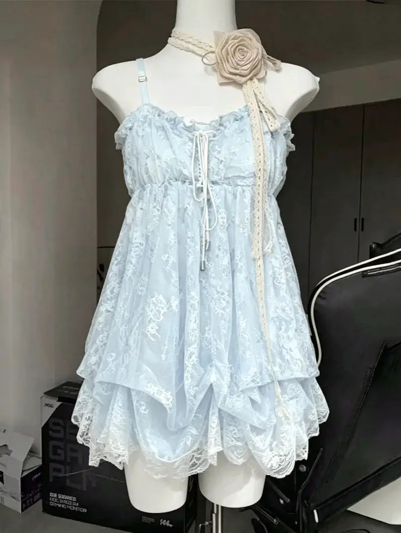 2000s Gothic Vintage Mini Dress Sleeveless Lace Y2K Lolita Party Black