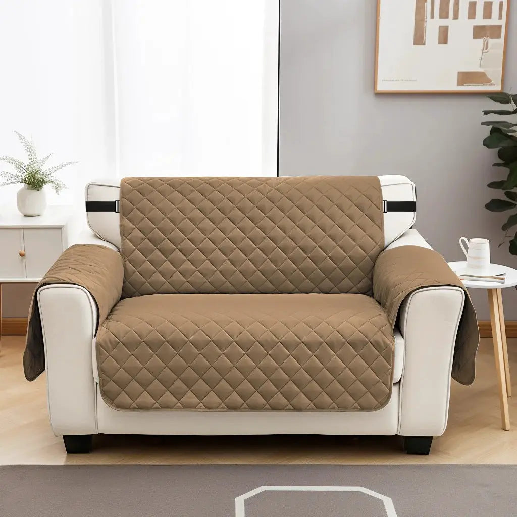 Sofa cover Simples Market; brown quilted waterproof protector with elastic straps on an armchair