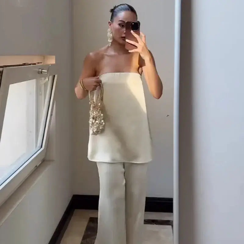 Satin Two Piece Set Women Off Shoulder Strapless Vest High Waist Pants