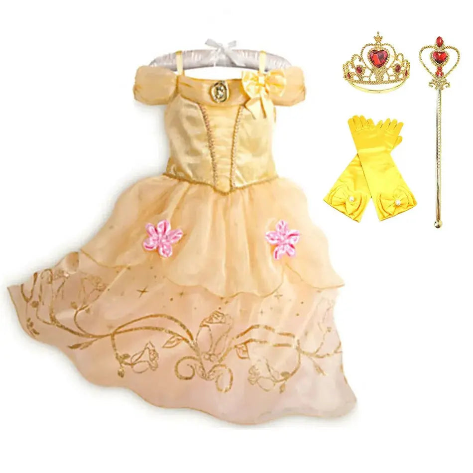 Kids Princess Costume Party Dress With Floral Pattern And Appliques Inspired By Rapunzel And Belle