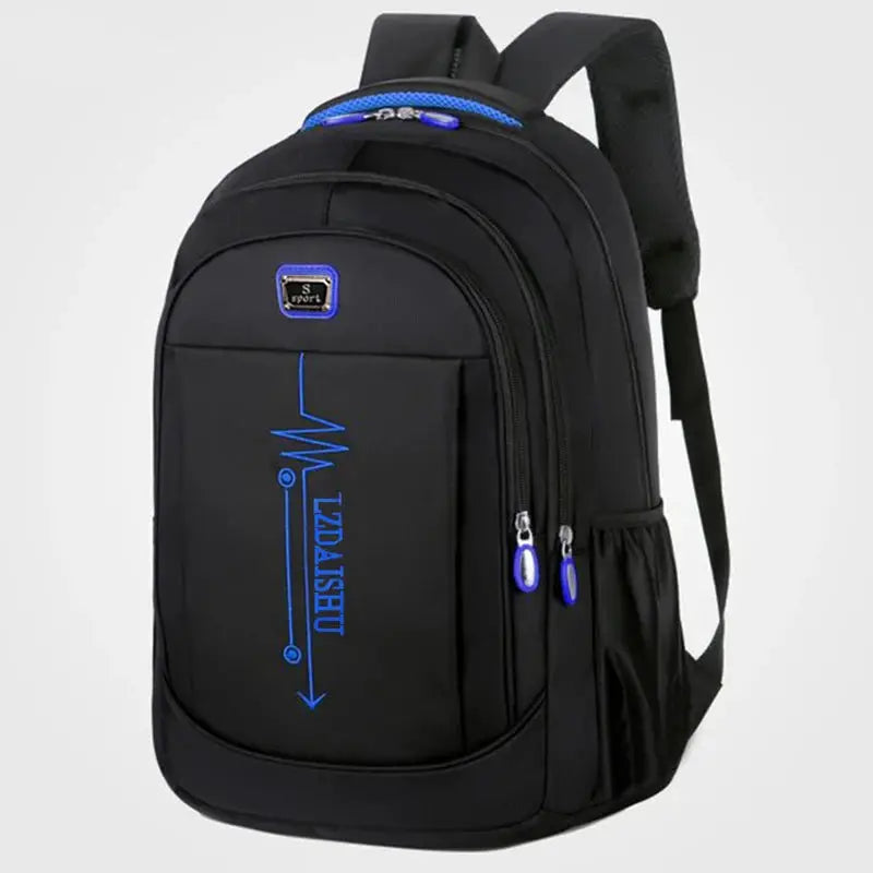 Business laptop backpack by Simples Market, black with blue zipper pulls and front pocket graphic