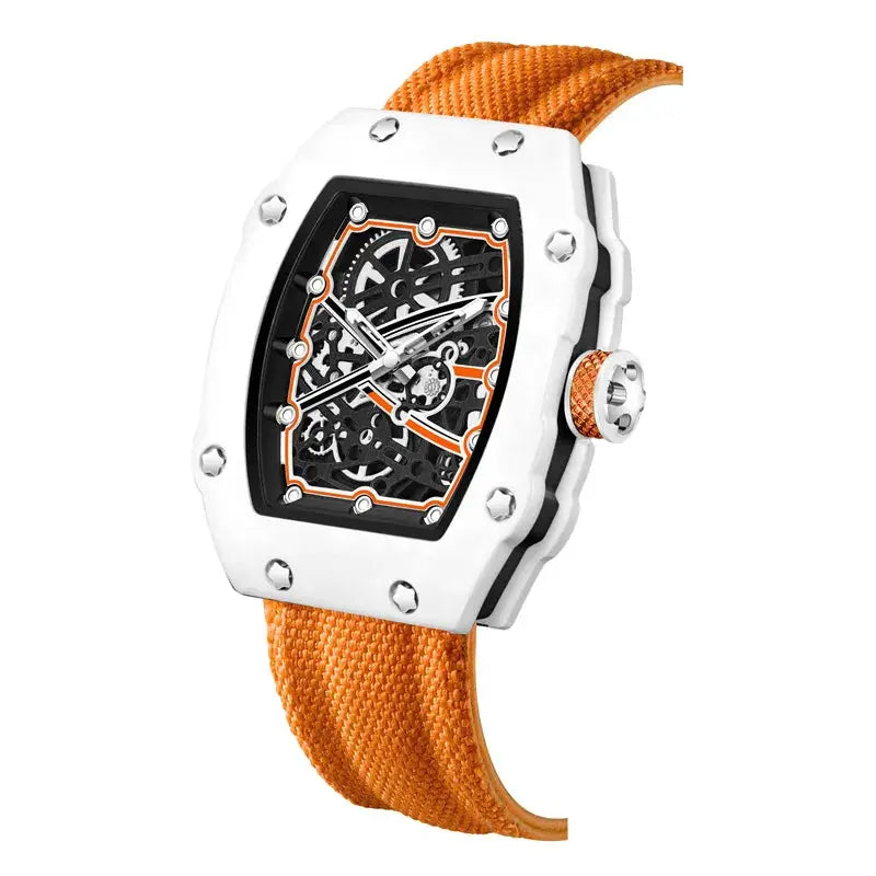 Simples Market skeleton tonneau watch with white case and orange nylon strap