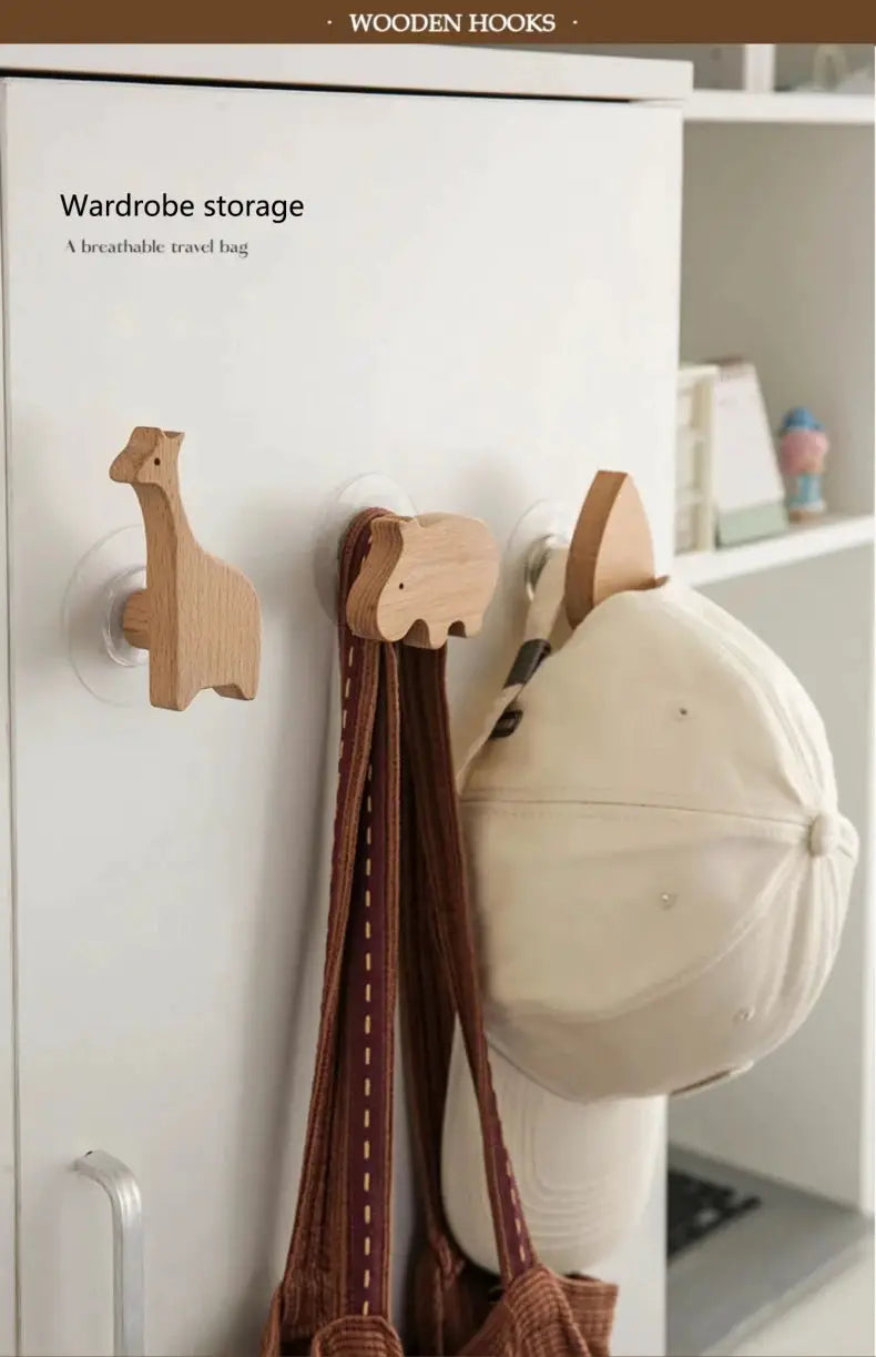 Wooden animal wall hooks set for kids; 3 natural wood hooks (dog, elephant, curved) for coats and bags