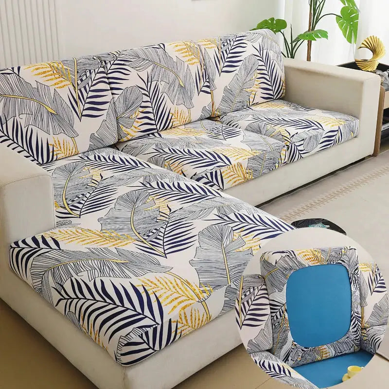 Simples Market floral stretch sofa slipcover set for L-shaped couch, navy and yellow leaf print.