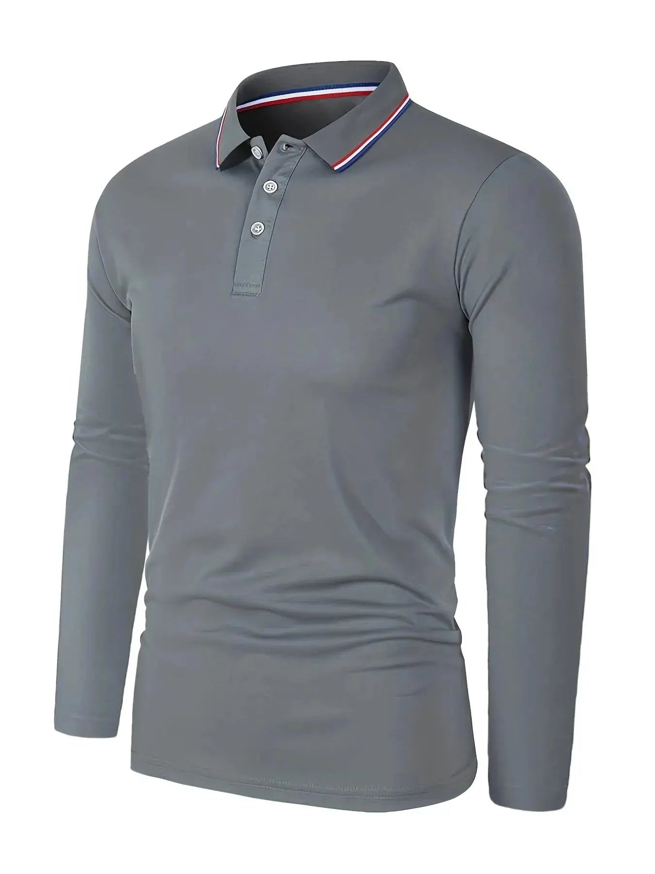 Men's grey long-sleeve polo shirt with red white blue striped collar trim