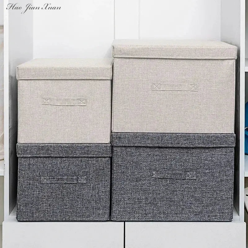 Storage box set of four washable cotton-linen fabric bins with lids in beige and gray