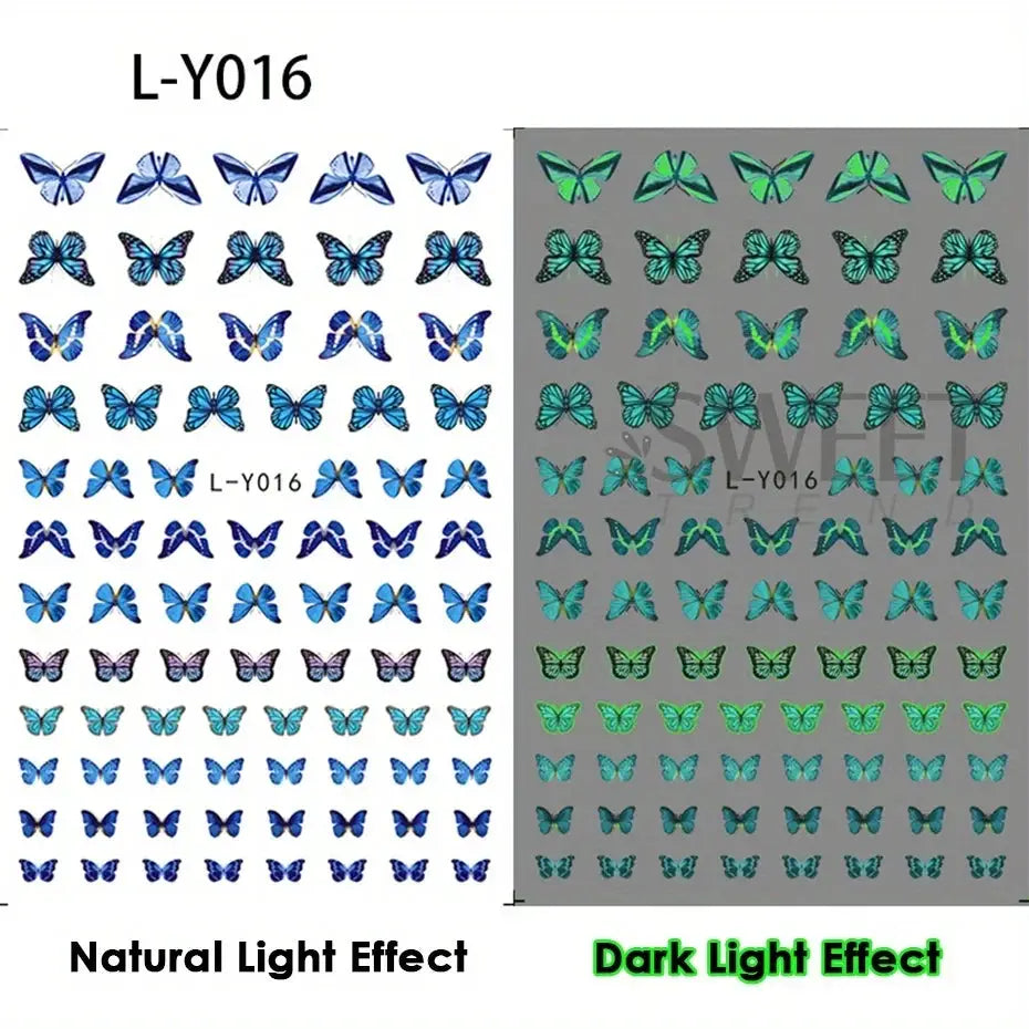 Luminous butterfly nail decals 3-pack by Simples Market; blue and green butterfly designs, glow-in-the-dark stickers