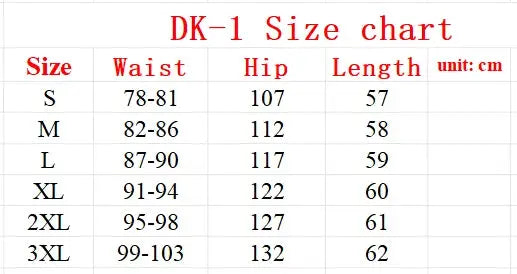 Shorts Simples Market DK-1 size chart for men's urban military cargo shorts with waist, hip, and length ranges.