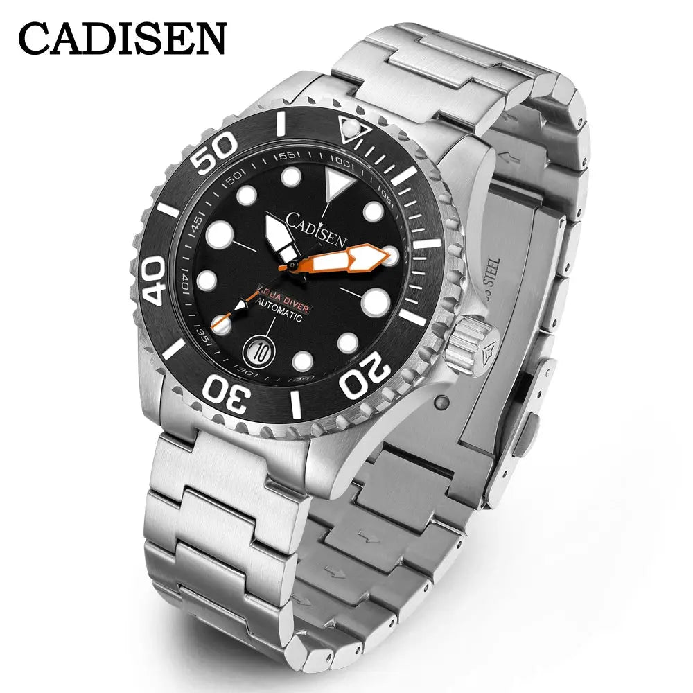 CADISEN Aqua Diver automatic men's wristwatch with black dial and orange hands