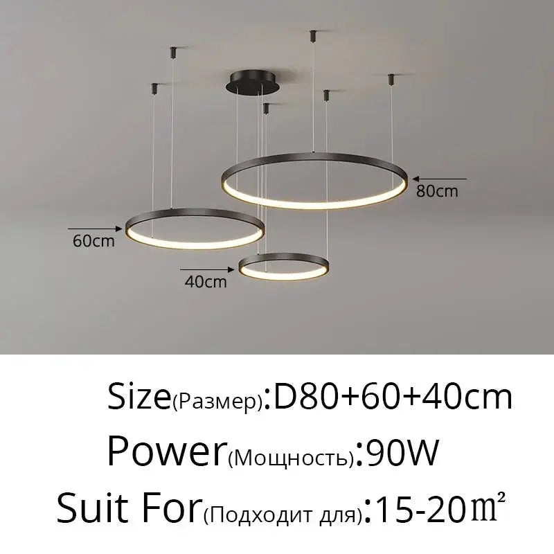 Minimalist pendant light rings in black metal with LED glow, sizes 80/60/40 cm
