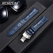 Remzeim Bamboo Pattern Genuine Leather Watch Strap First Layer Cowhide With Steel Butterfly Buckle 18mm 20mm 22mm 24mm