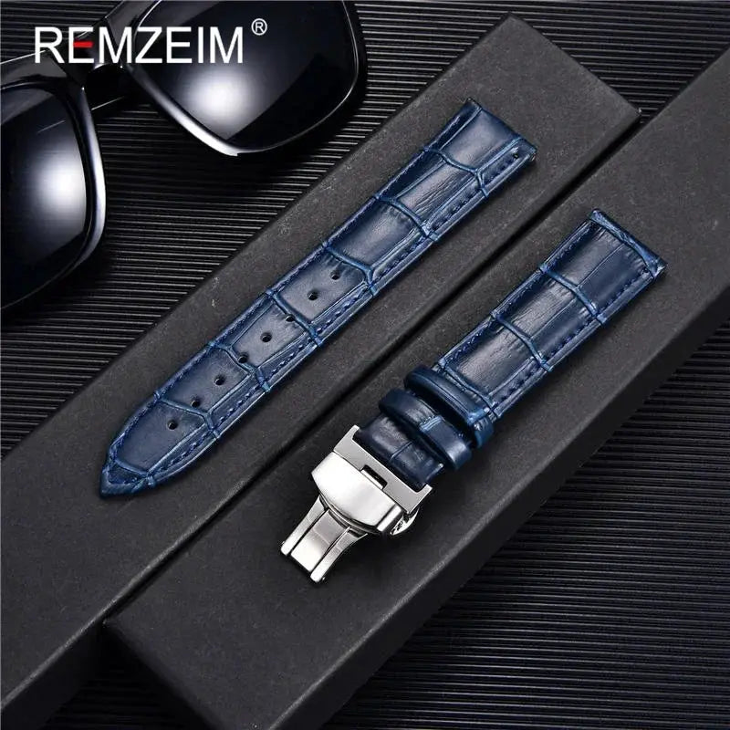 Remzeim Bamboo Pattern Genuine Leather Watch Strap First Layer Cowhide With Steel Butterfly Buckle 18mm 20mm 22mm 24mm