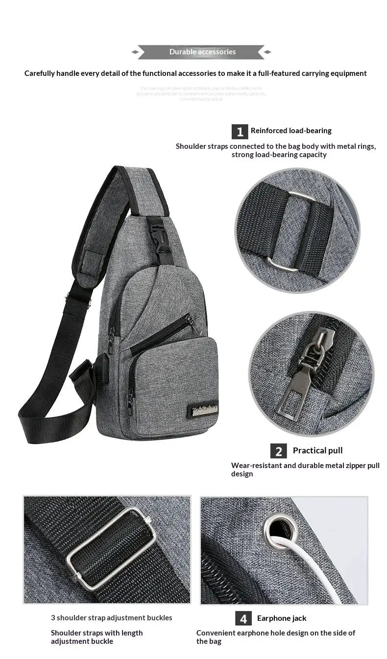 Simples Market men's chest bag in grey canvas; lightweight crossbody with adjustable strap and multiple zip pockets.