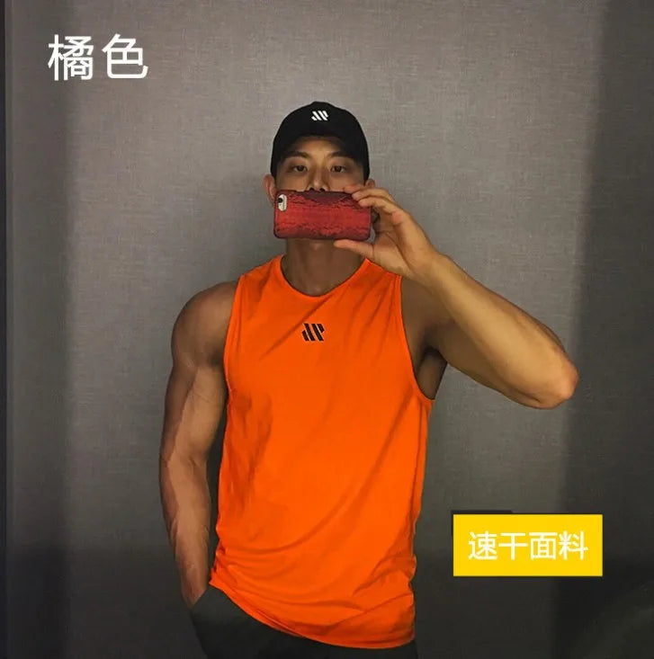 Men's orange sleeveless gym tank top by Simples Market with quick-dry fabric and chest logo