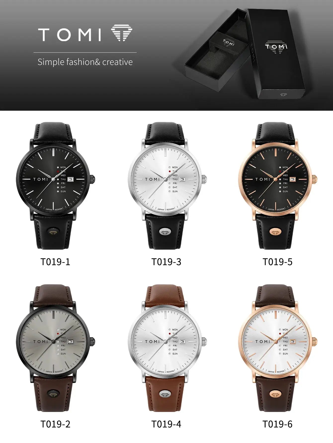 TOMI men's quartz wristwatches with leather straps; black, silver, and rose-gold finishes with calendar, 6 styles.