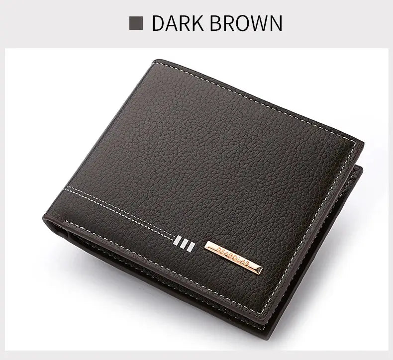 Dark brown lychee-textured men's wallet with white stitching and Simples Market brand tag