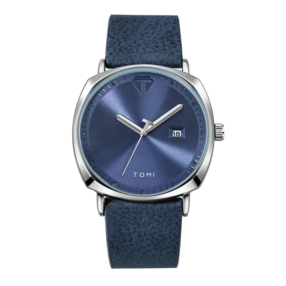 TOMI men's blue dial minimalist quartz watch with calendar, stainless steel case and leather strap by Simples Market.