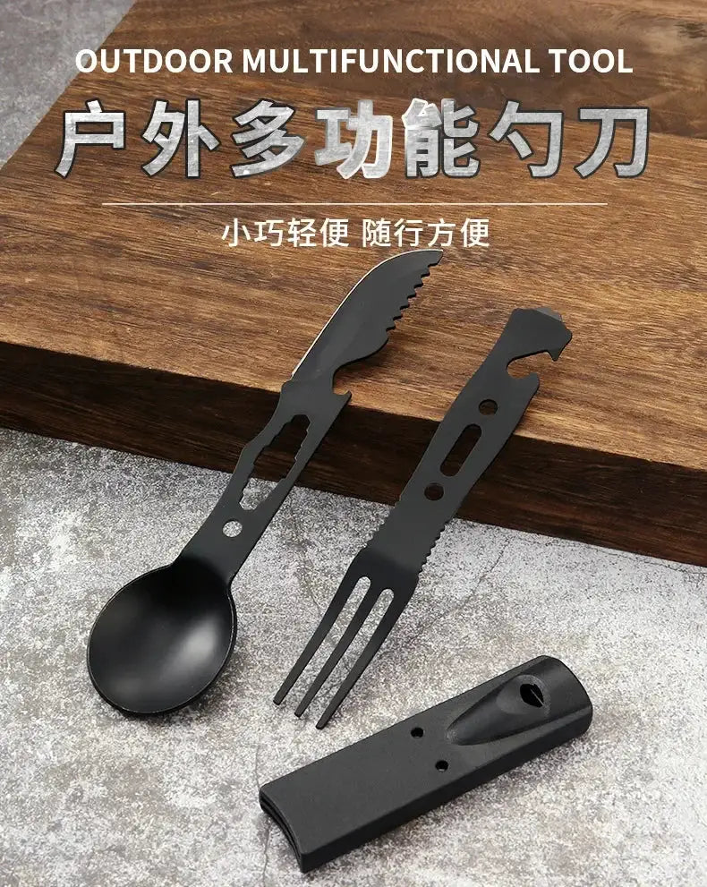 Portable multifunctional stainless steel camping tool set by Simples Market; black utensils with spoon, fork and knife.