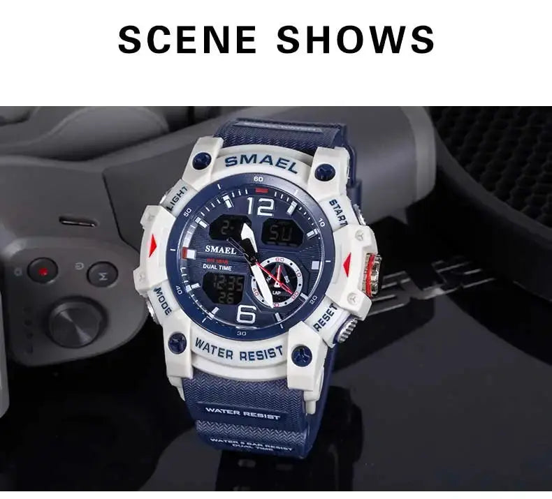 SMAEL sport military wristwatch for men with white case and blue nylon strap; dual time digital-analog display