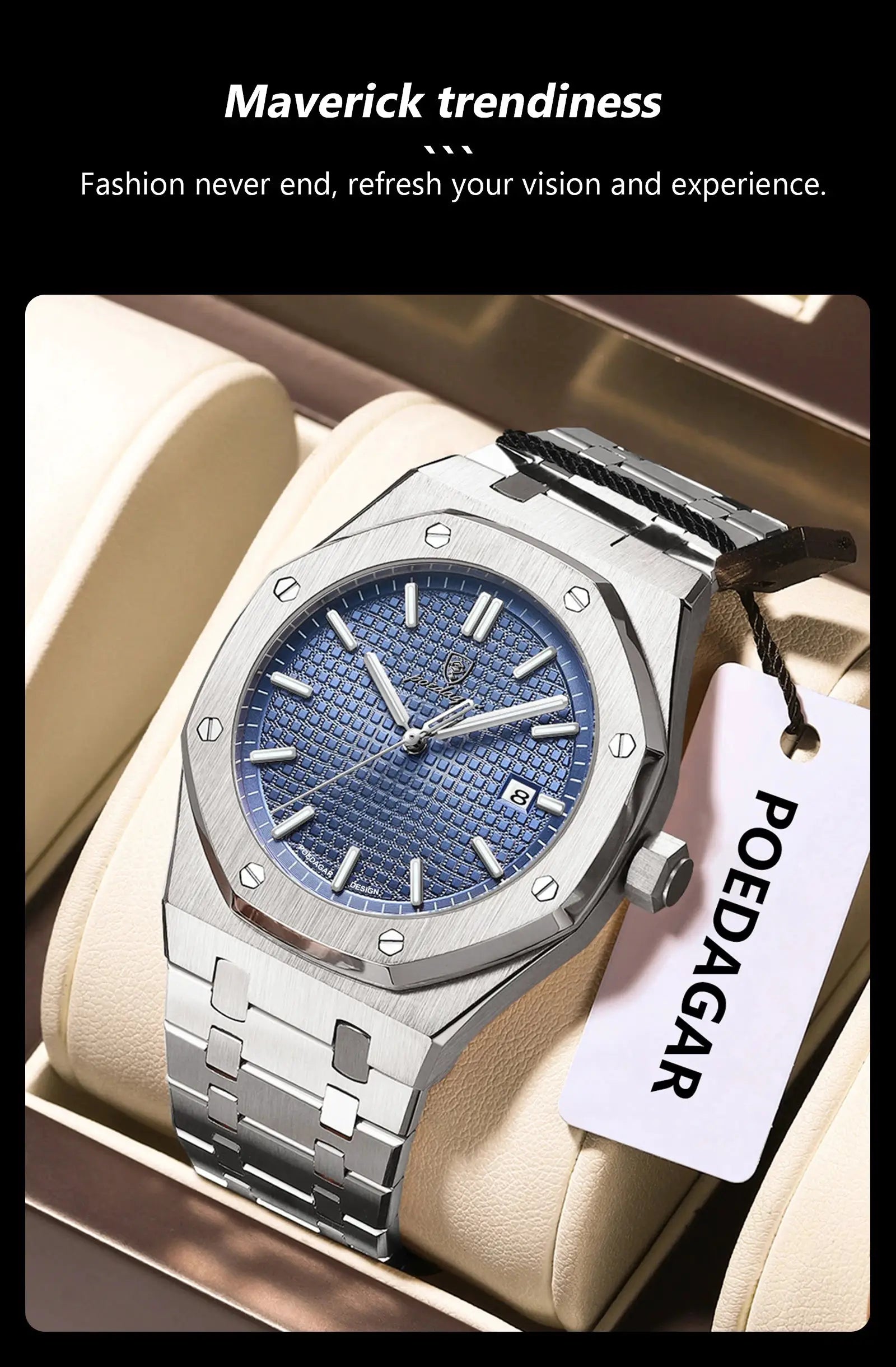 POEDAGAR stainless steel men's watch with blue textured dial, date window and bracelet