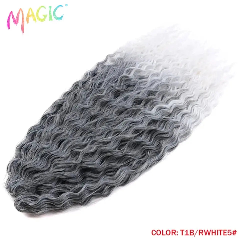 Magic Ariel Curl crochet hair, 22in water-wave synthetic braiding extensions in ombre blonde/gray, by Simples Market.