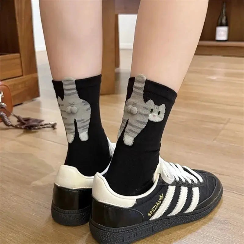 3D Cute Cat Socks For Women And Girls Mid Tube Sleep Socks Black And White Cat Print