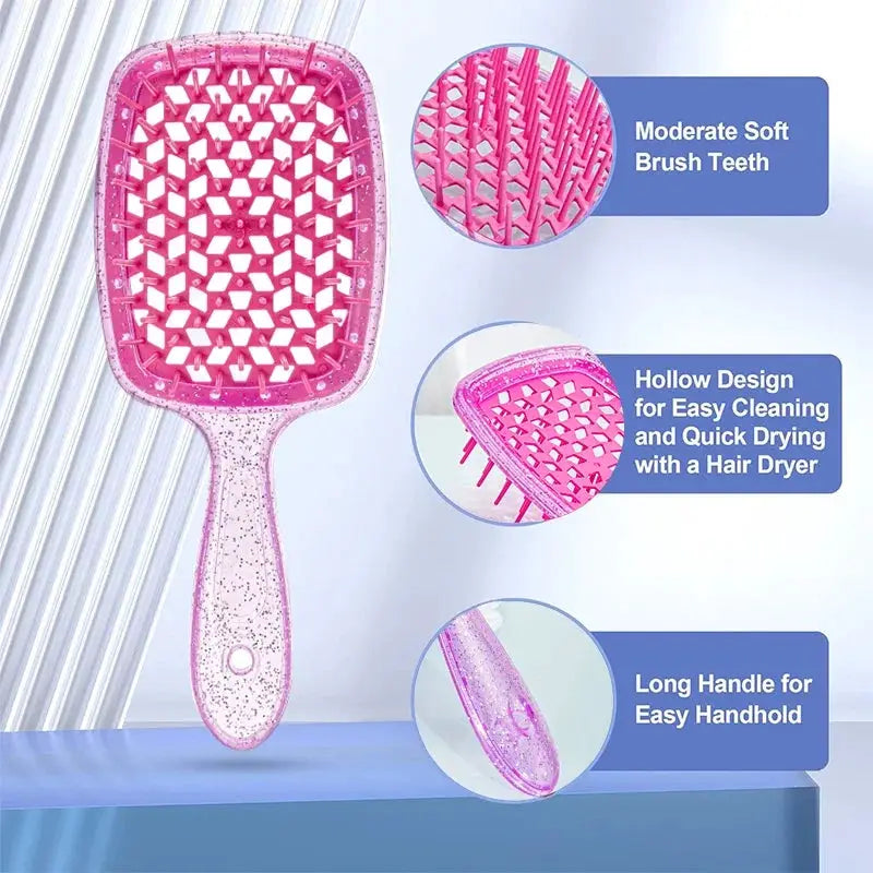 Detangling hair brush 1pc by Simples Market, pink glitter hollow design with long handle for wet curly hair