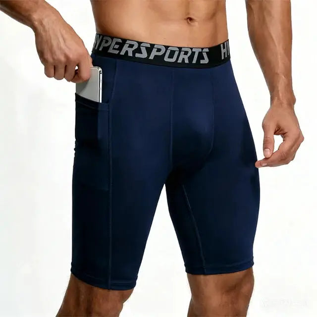 Men's navy blue compression shorts with HyperSports waistband and side phone pocket